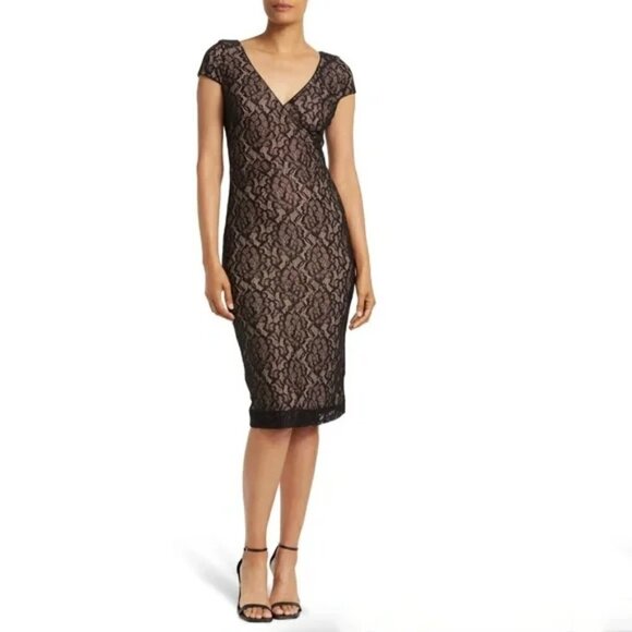 DRESS THE POPULATION Floral Lace Cap Sleeve Faux Wrap Black Midi Dress NWT XS - Picture 1 of 12
